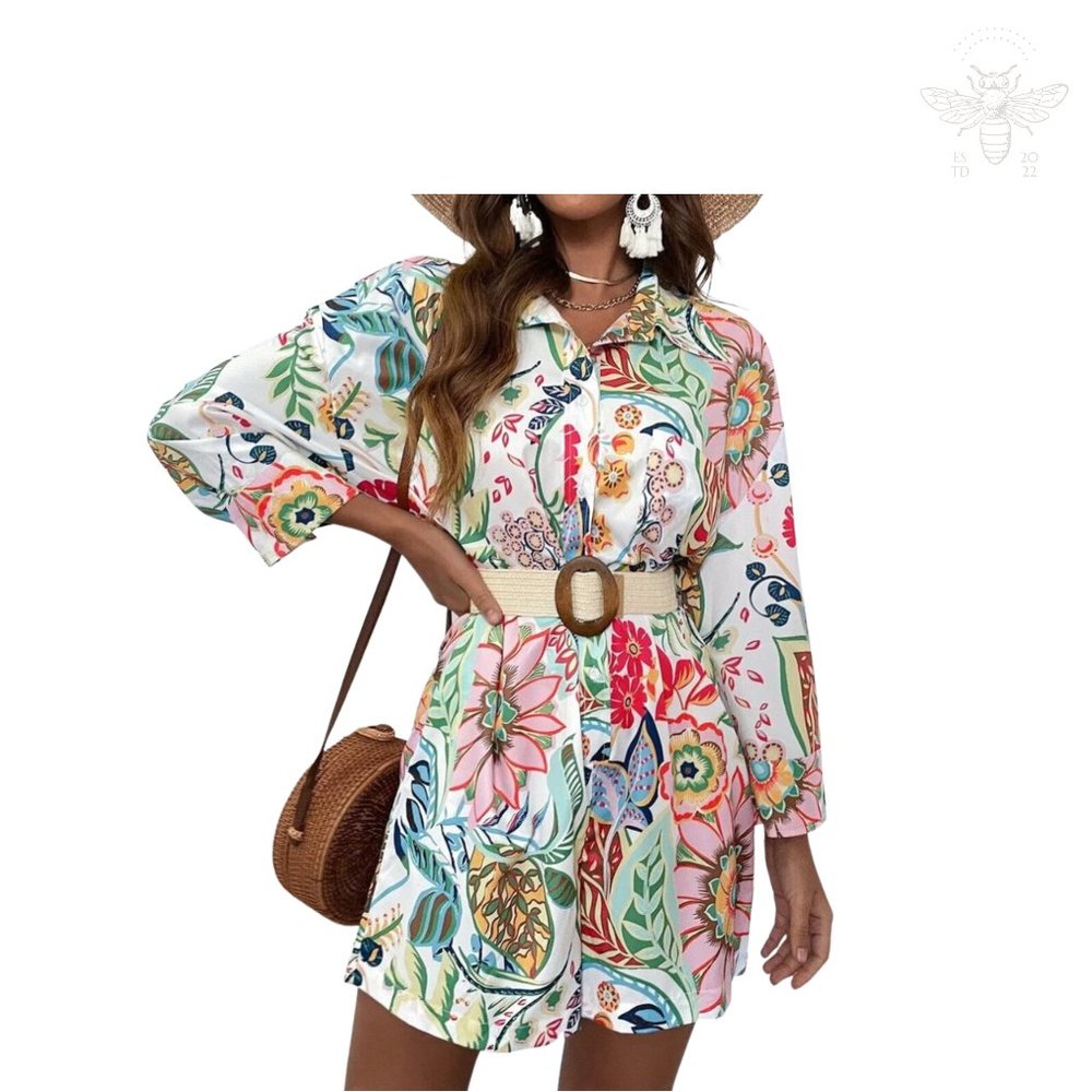 NWOT Shein Collared Loose Fit Boho Shirt Romper with Pockets, Floral, Size M